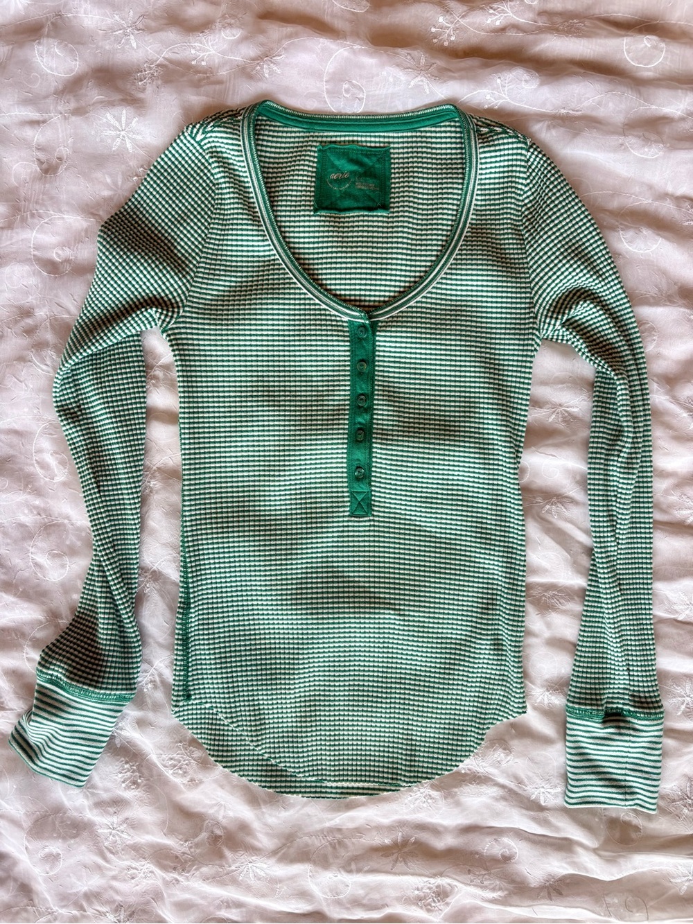Green Striped Long-Sleeve Henley Top